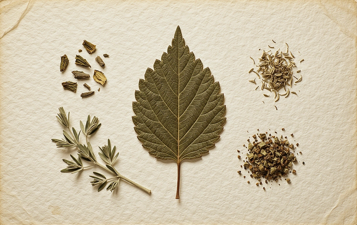 Magnified botanical specimen of a dried medicinal leaf